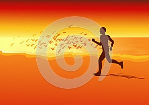 Sportsman running on the beach in the sunset