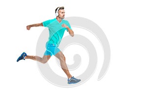 The sportsman running at full speed towards the finish line, banner. sportsman runner running isolated on white. Man