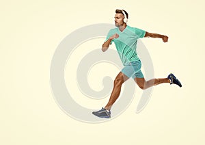 The sportsman running at full speed towards the finish line, banner. sportsman runner running isolated on white. Man
