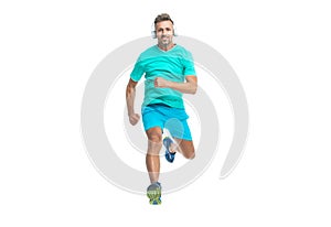 The sportsman running at full speed towards the finish line. sportsman runner running isolated on white. Man sportsman