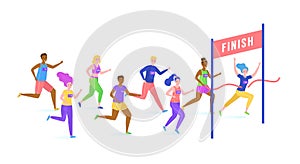 Sportsman running outdoor, group people together physical activity, male female character cartoon vector illustration