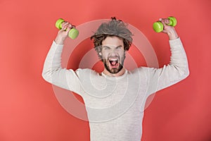 Sportsman, shouting man on red background.