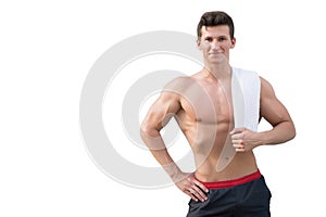 Sportsman smiling with towel on white background