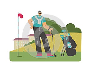 Sportsman stand with golf equipment, bag with clubs, flag on the lawn, golf course, vector sport activity, outdoor hobby
