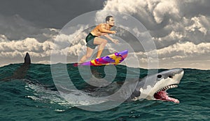 Sportsman on a surfboard and great white shark