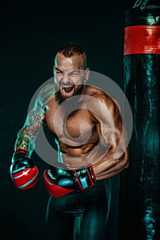 Sportsman with tattoos, man boxer fighting in gloves with boxing punching bag. Isolated on black background with smoke