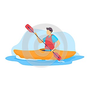 Sportsman vector illustration, cartoon flat man kayaker character kayaking, riding and paddling boat canoe isolated on