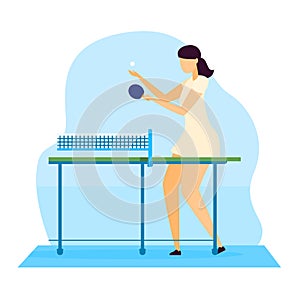 Sportsman vector illustration, cartoon flat young woman character playing ping pong table tennis with racket isolated on