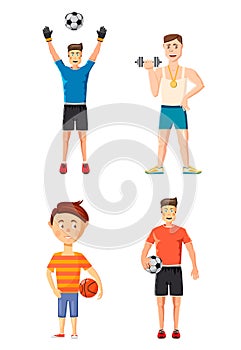 Sportsmen icon set, cartoon style