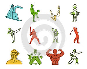 Sportsmen icon set, color outline style