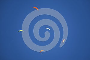 Sportsmen paragliding high in the blue clear sky