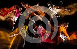Sportsmen playing basketball, tennis, soccer footbal, volleyball on black background in mixed light. photo