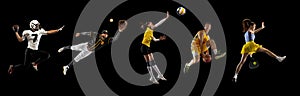 Sportsmen playing basketball, tennis, soccer footbal, volleyball isolated on black background. Concept of movements