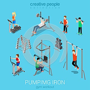 Sportsmen pumping iron and exercise in gym icon set photo