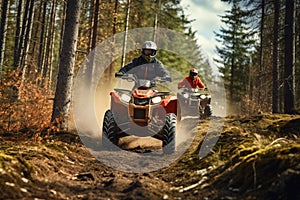 Sportsmen riding atv on dirty off-road track in autumn forest. Generative AI