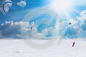 Sportsmen snowkiting at sport winter competition