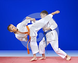 Sportsmen are training blows karate on the mats