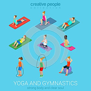 Sportsmen women yoga and exercise in gym icon set