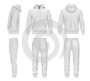 Sportswear. Hoodie mockup tracksuit sweatpants for men decent vector templates