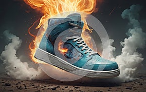 Sportswear walking shoe in electric blue with flames soaring through the air