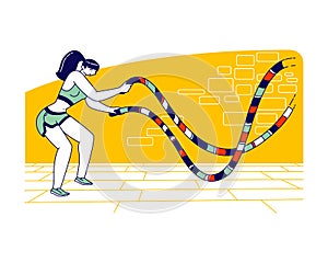 Sportswoman Character with Battle Rope Doing Functional Fitness Cross Training in Gym. Woman with Fit Body Exercising