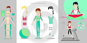 Sportswoman character constructor set. Cartoon vector flat infographic illustration. Girl leads a healthy sport