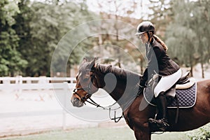 The sportswoman on a horse. The horsewoman on a red horse. Equestrianism. Horse racing. Rider on a horse