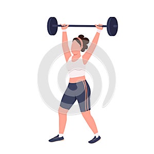 Sportswoman lifting barbell flat color vector faceless character