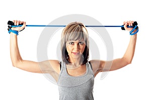 Sportswoman with resistance band