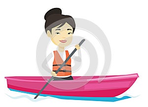 Sportswoman riding in kayak vector illustration.