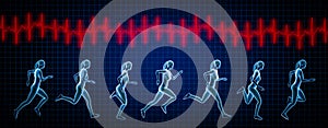 Sportswoman running sequence movements and heartbeat ekg curve. 3d rendering illustration. Sport, fitness, health, human