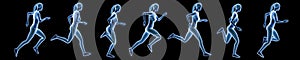 Sportswoman running sequence movements isolated on a black background. Hologram 3d render banner illustration. Sport, fitness,