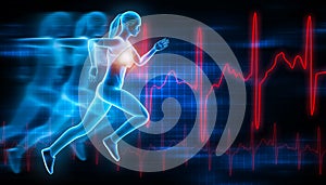 Sportswoman or sporty woman running fast with futuristic hologram effect and ekg curves. Sport, run, health, fitness, workout,