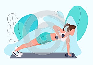 Sportswoman working out with dumbbells flat color vector faceless character