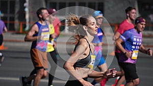 Sporty athlete train.Girl running. Woman champion jog marathon. Female runner.