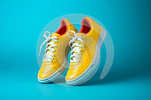 Sporty blue sneakers, laces afloat, set against a lively yellow backdrop