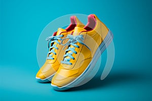 Sporty blue sneakers, laces afloat, set against a lively yellow backdrop