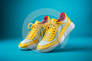 Sporty blue sneakers, laces afloat, set against a lively yellow backdrop