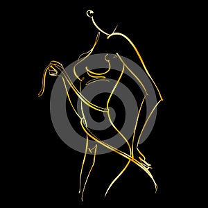 A sporty body. Linear art. A beautiful girl is drawn with one line. Gold on black. Fitness. Vector