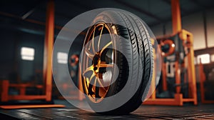 Sporty Car Tire with Golden Alloy Wheel