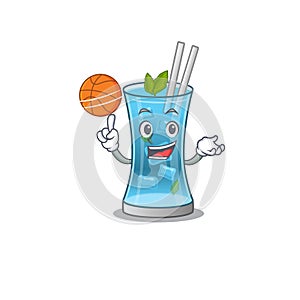 Sporty cartoon mascot design of blue hawai cocktail with basketball