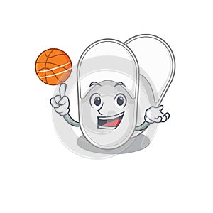 Sporty cartoon mascot design of hotel slippers with basketball