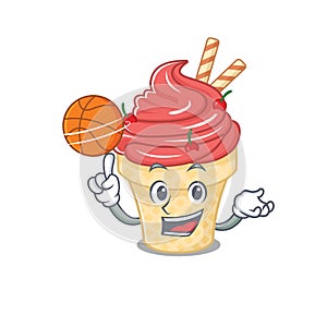 A sporty cherry ice cream cartoon mascot design playing basketball