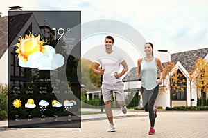 Sporty couple running and weather forecast widget. Mobile application