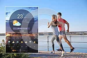 Sporty couple running and weather forecast widget. Mobile application