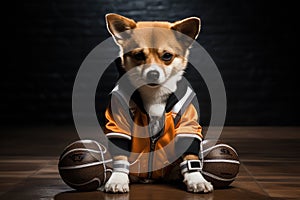 Sporty Dog Ready For Action In A Basketball Jersey And Sneakers