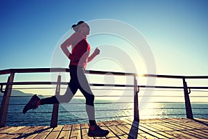 Sporty female jogger morning exercise on seaside boardwalk