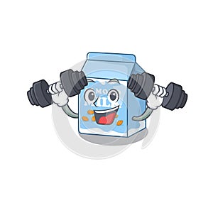 Sporty Fitness exercise almond milk mascot design using barbells