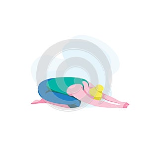 Sporty girl doing balasana or child pose. Cute woman practicing yoga, isolated on white background