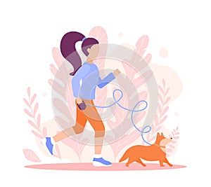 A sporty girl jogging with a Corgi dog. Vector flat style illustration for websites, banners, landing pages. A woman in sportswear